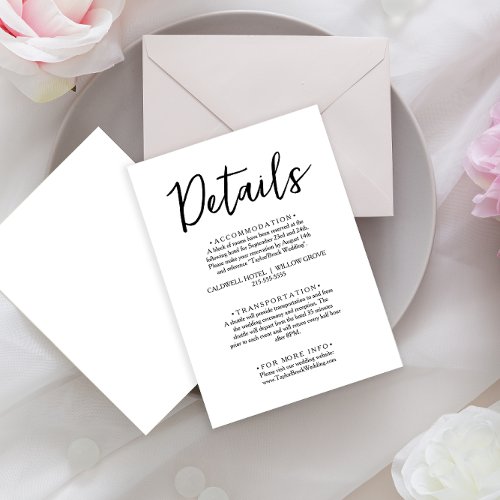Minimalist Black  White Script Wedding Details Enclosure Card