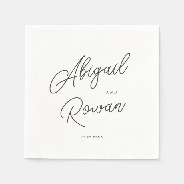 Minimalist Black White Script Wedding Napkins (Front)