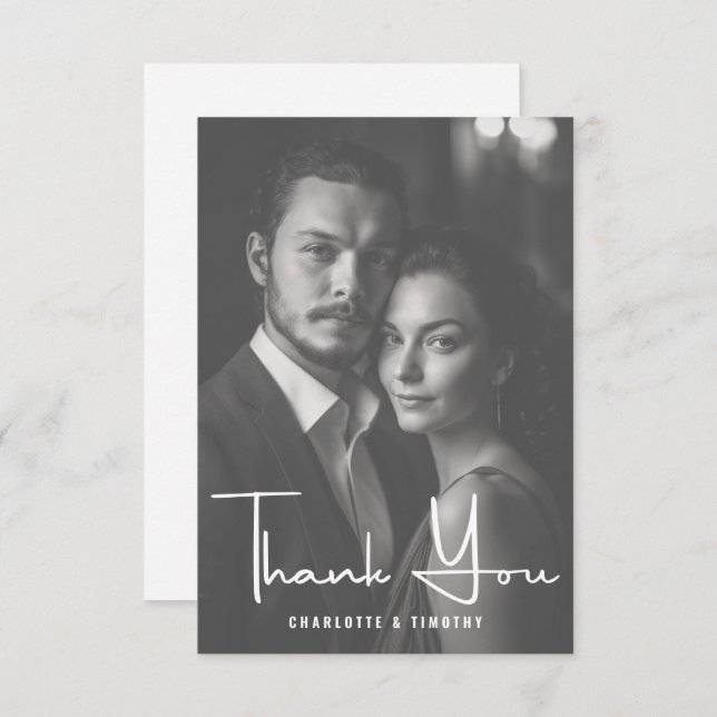 Minimalist Black White Script Wedding Photo Thank You Card (Front/Back)