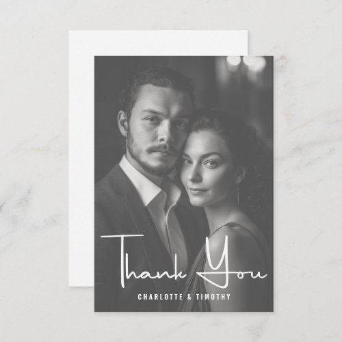 Minimalist Black White Script Wedding Photo Thank You Card