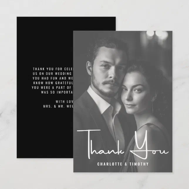 Minimalist Black White Script Wedding Photo Thank You Card | Zazzle