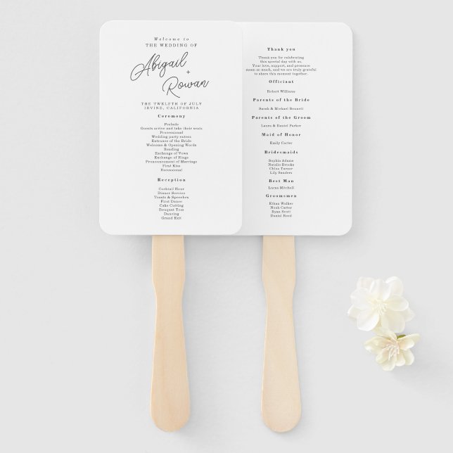 Minimalist Black White Script Wedding Program Hand Fan (Front and Back)