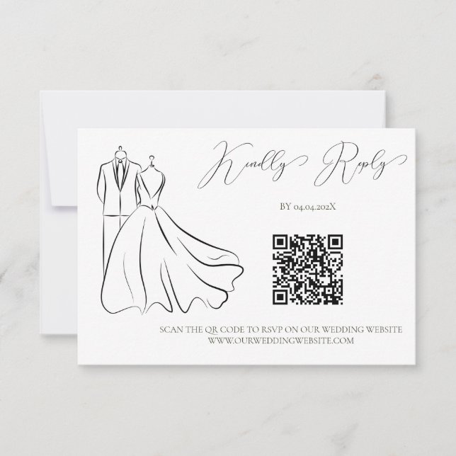 Minimalist Black White Script Wedding QR Code RSVP Card (Front)