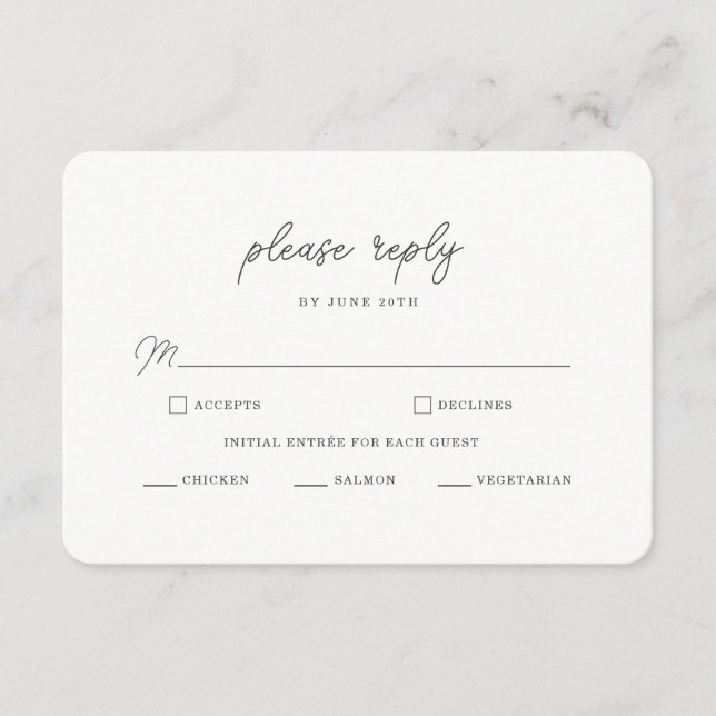Minimalist Black White Script Wedding RSVP Card (Front)