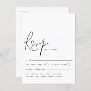 Minimalist Black White Script Wedding RSVP Postcard