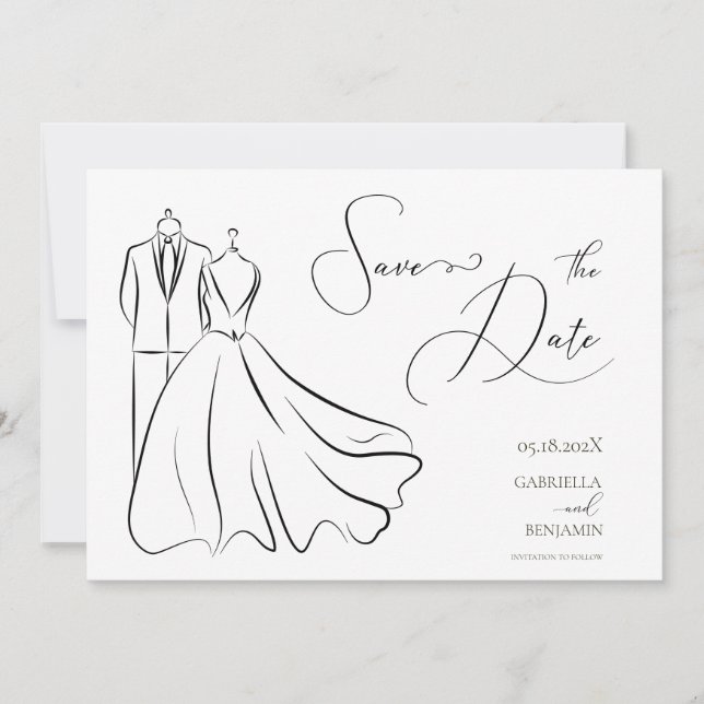 Minimalist Black White Script wedding Save The Date (Front)