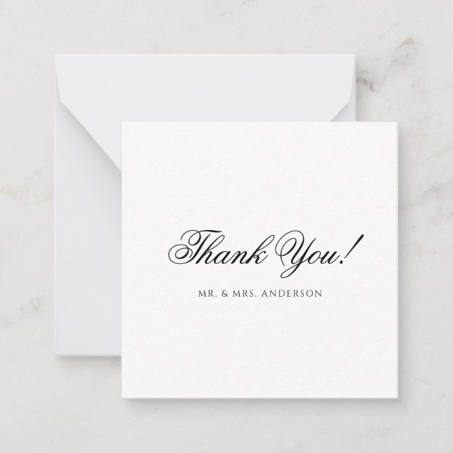 Minimalist Black & White Script Wedding Thank You Note Card (Front)