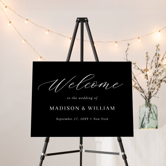 Minimalist Black White Script Wedding Welcome Sign (In Situ (Stand))
