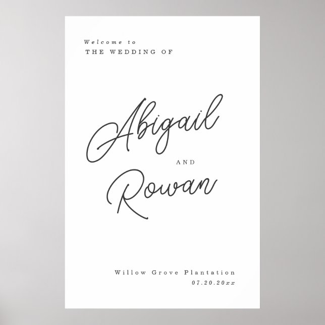 Minimalist Black White Script Wedding Welcome Sign (Front)