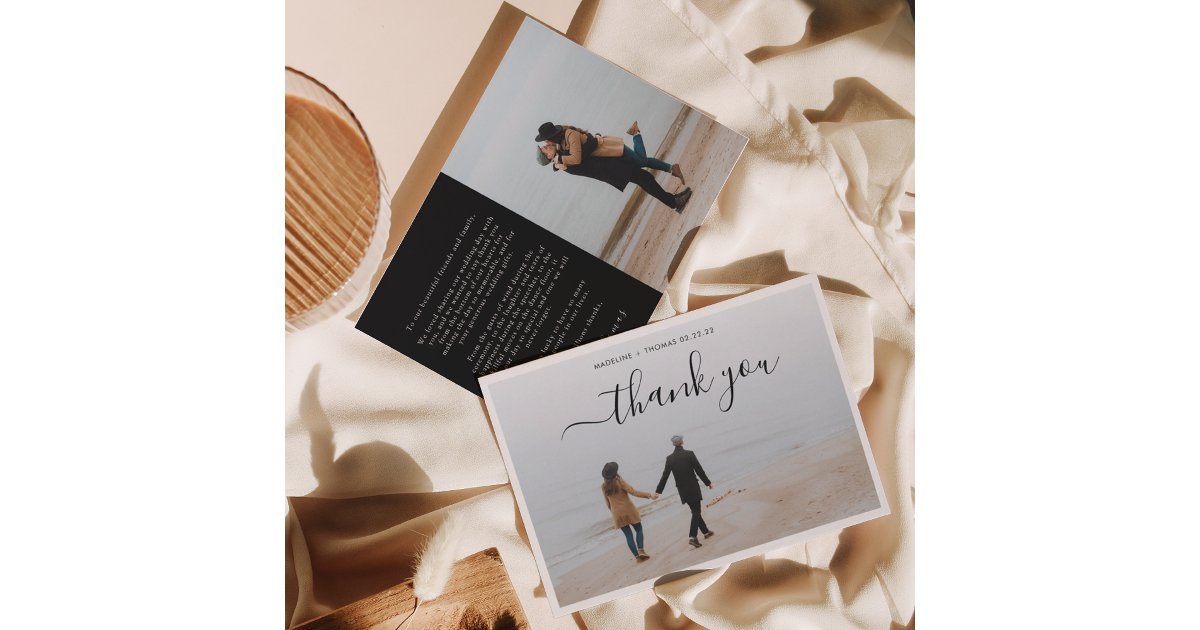 Minimalist Black White Script with 2 photo wedding Thank You Card | Zazzle