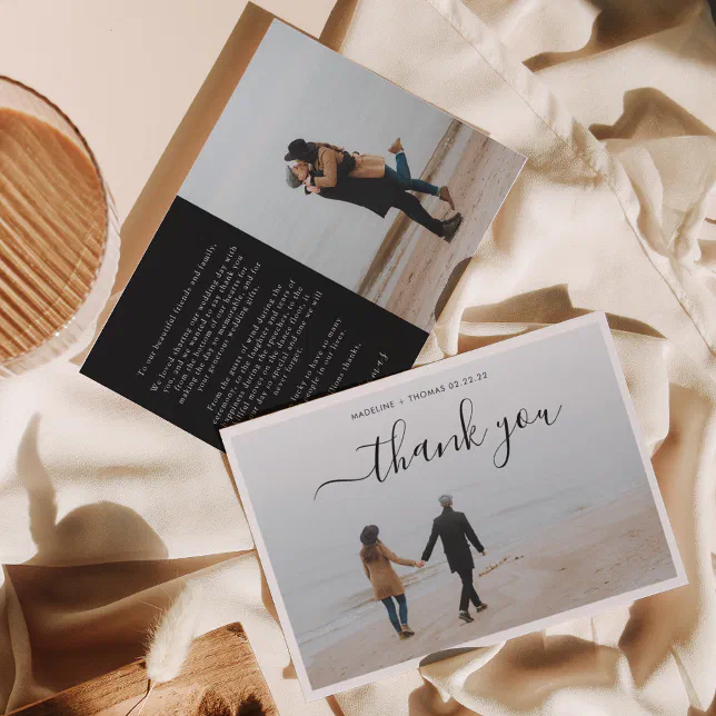 Minimalist Black White Script with 2 photo wedding Thank You Card | Zazzle