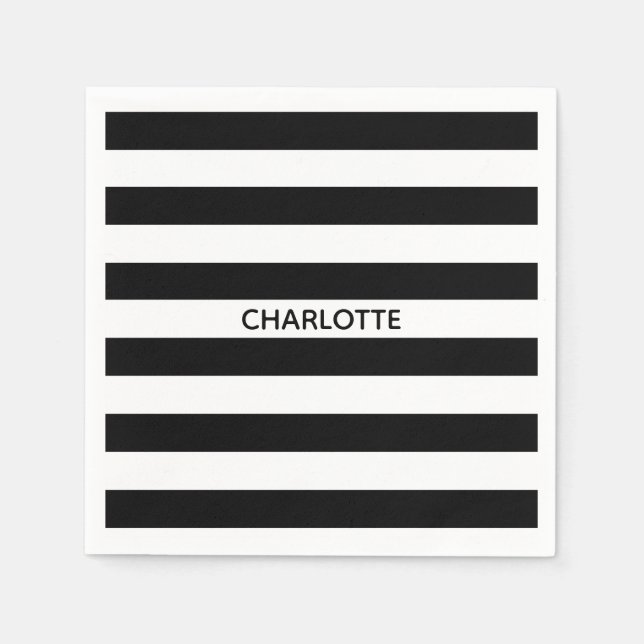 Minimalist black white stripes custom name stylish napkins (Front)