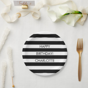 Minimalist black white stripes custom name stylish paper plates