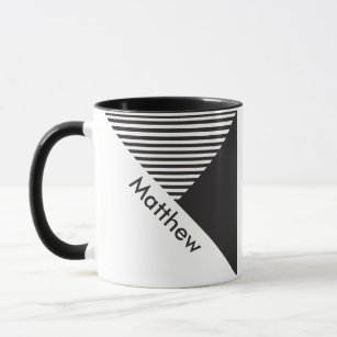 Minimalist Black White Stripes Geo Custom Name Mug