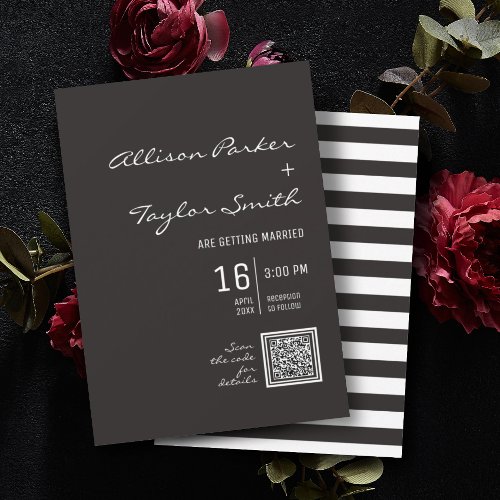 Minimalist Black White Stripes Mix Font QR Wedding Invitation