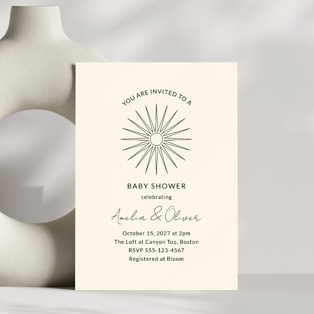 Minimalist Black White Sunburst Lines Baby Shower Invitation (Creator Uploaded)