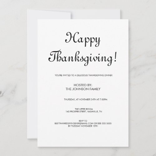 Minimalist Black  White Thanksgiving Dinner Invitation