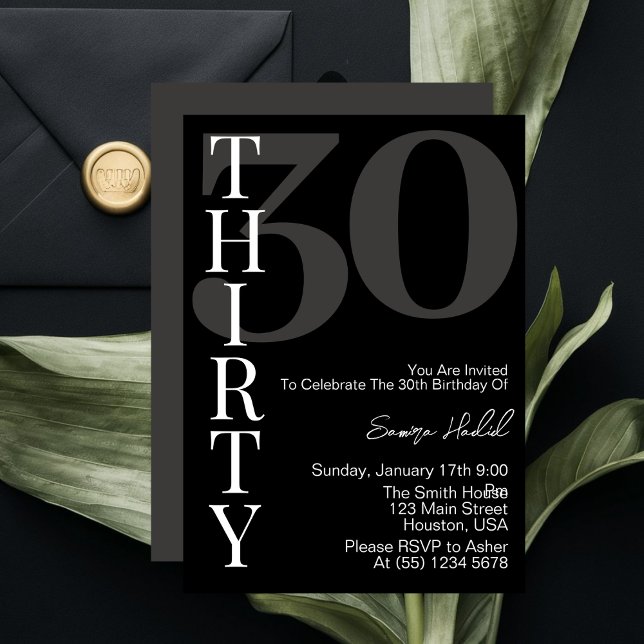 Minimalist Black  White Thirty 30th Birthday Party Invitation (Creator Uploaded)