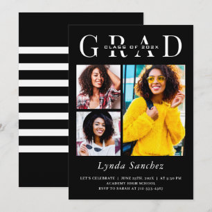 Minimalist Black White Three Photo Graduation Invitation