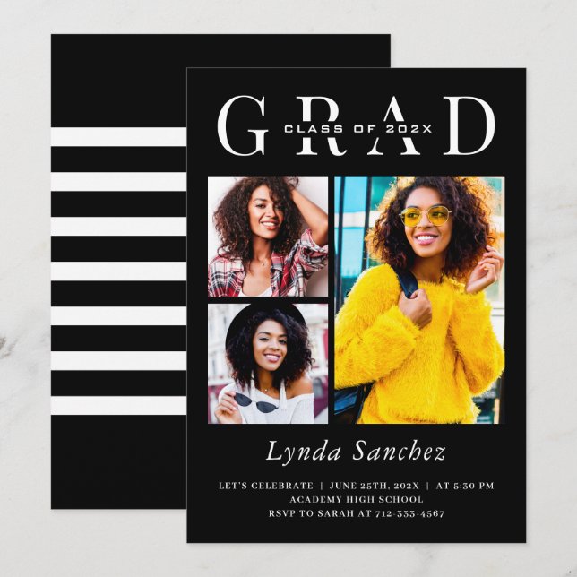 Minimalist Black White Three Photo Graduation Invitation (Front/Back)
