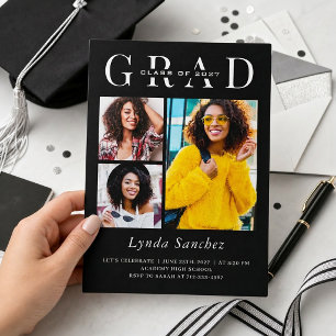 Minimalist Black White Three Photo Graduation Invitation