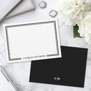 Minimalist Black White Two Border Monogram Note Card