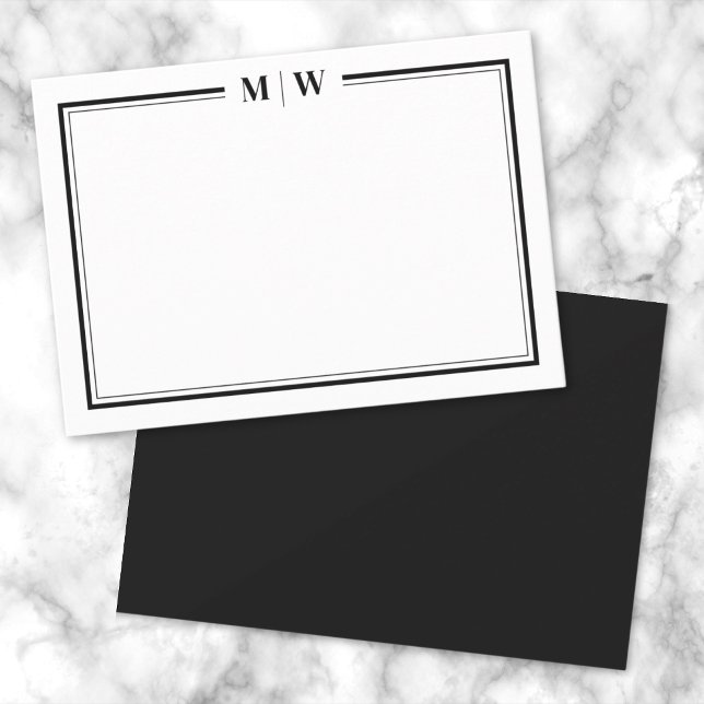 Minimalist Black White Two Border Monogram Note Card (Minimalist Black White Two Border Monogram Note Card )