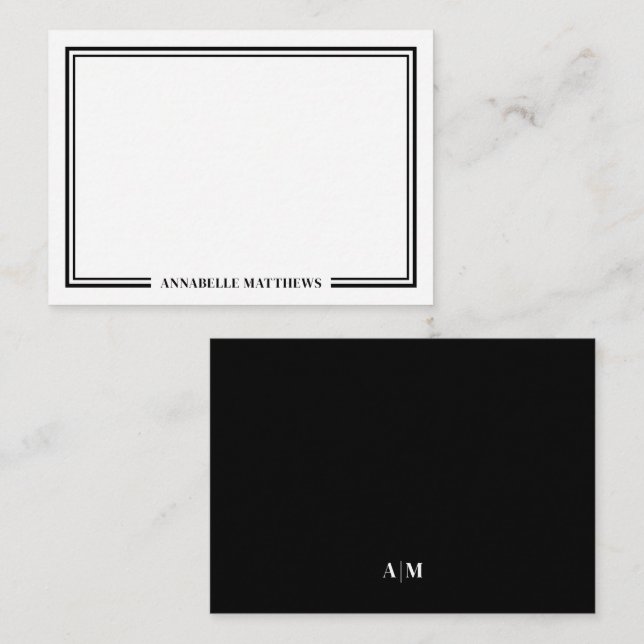 Minimalist Black White Two Border Monogram Note Card (Front/Back)