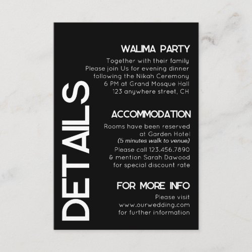 Minimalist Black White Typography Wedding Details Enclosure Card