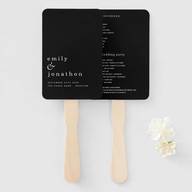 Minimalist Black White Typography Wedding Program Hand Fan (Front and Back)