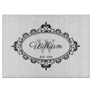 Minimalist Black & White Vintage Damask Monogram Cutting Board