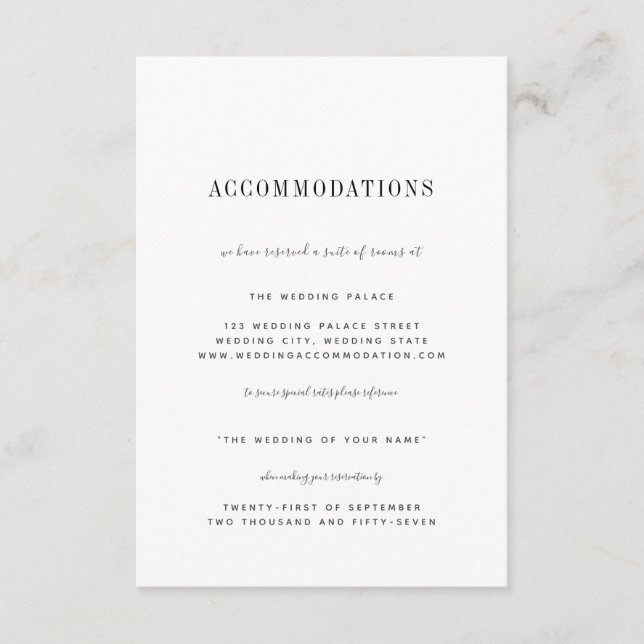 Minimalist Black White Wedding Accommodations Enclosure Card (Front)