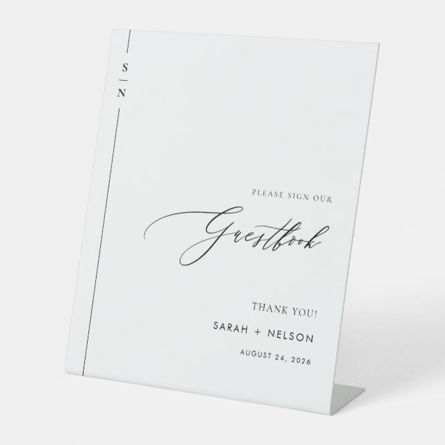 Minimalist Black & White Wedding Guest Book Pedestal Sign (Front)