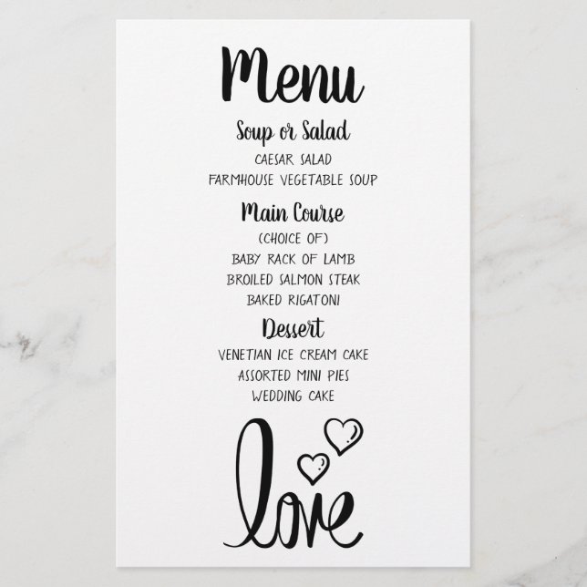 Minimalist Black White Wedding Menu Bridal Shower (Front)