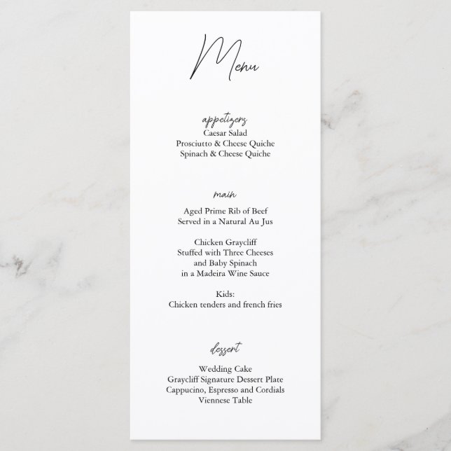 Minimalist Black White Wedding Menu Card (Front)