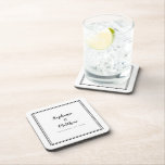 Minimalist Black White Wedding Modern Newlywed Beverage Coaster<br><div class="desc">Simple, minimalist and chic Wedding coaster features a modern design with a double framed border in sophisticated black on a crisp white background. This modern simple design provides timeless, classic sophistication. Personalize names of couple and event date in elegant black lettering and script. These are a perfect keepsake for your...</div>