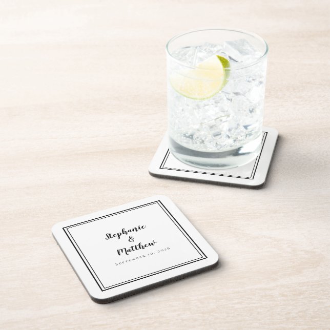 Minimalist Black White Wedding Modern Newlywed Beverage Coaster (Right Side)
