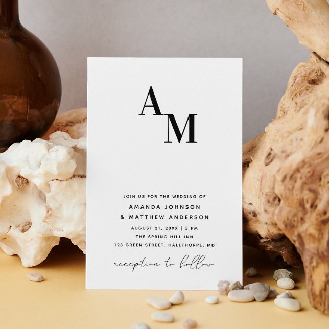 Minimalist Black & White Wedding + QR | Monogram Invitation (Creator Uploaded)