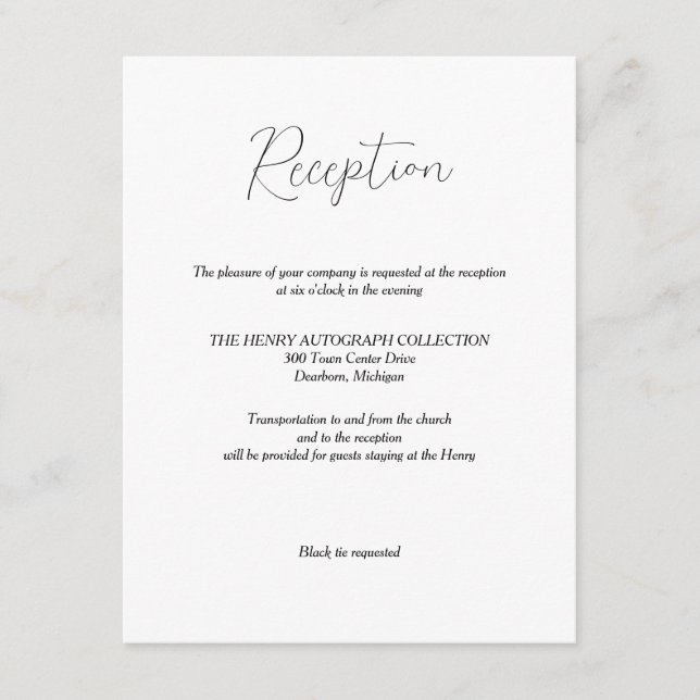 Minimalist Black White Wedding Reception Card (Front)