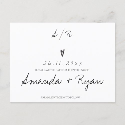 Minimalist Black White Wedding Save The Date Holiday Postcard