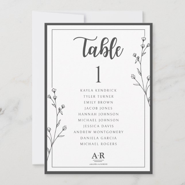 Minimalist Black & White Wedding Seating Plan Card (Front)