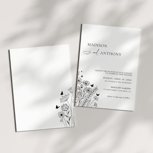 Minimalist Black White Wildflower Wedding Invitation