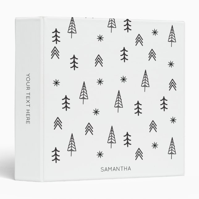 Minimalist Black White Winter Forest Pattern Name 3 Ring Binder (Front/Spine)