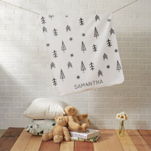 Minimalist Black White Winter Forest Pattern Name Baby Blanket
