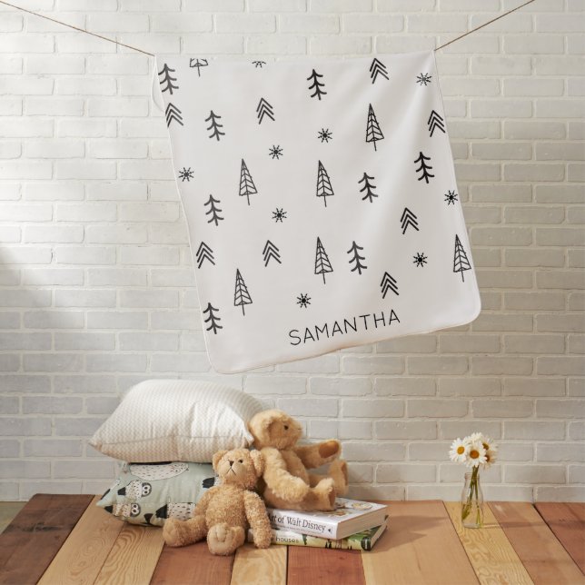 Minimalist Black White Winter Forest Pattern Name Baby Blanket (In Situ)