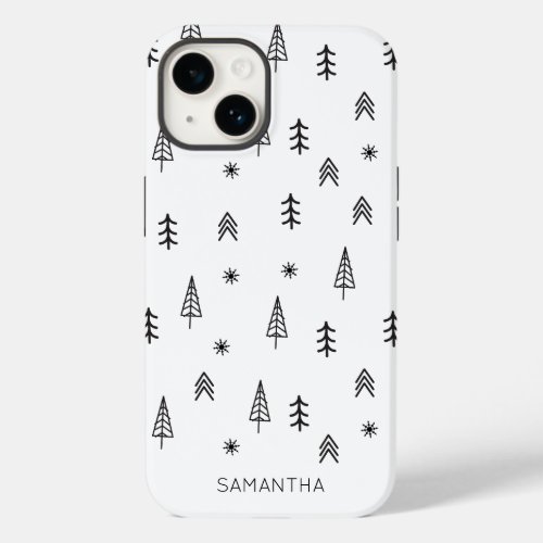 Minimalist Black White Winter Forest Pattern Name Case_Mate iPhone 14 Case