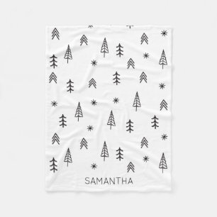 Minimalist Black White Winter Forest Pattern Name Fleece Blanket