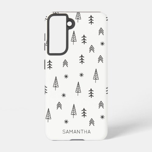 Minimalist Black White Winter Forest Pattern Name Samsung Galaxy S21 Case