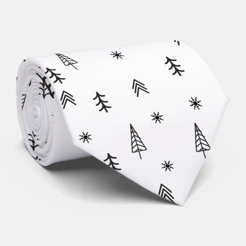 Minimalist Black  White Winter Forest Pattern Neck Tie