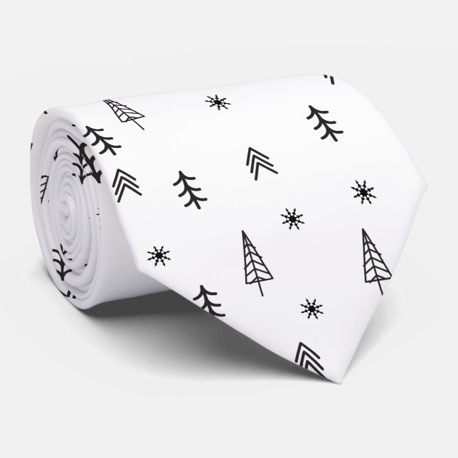 Minimalist Black & White Winter Forest Pattern Neck Tie (Rolled)